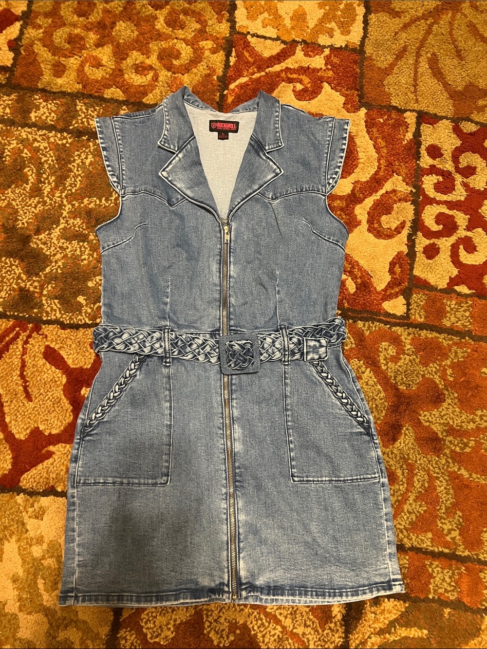 Denim Zip-Front Girls Dress with Braided Belt - Light Blue